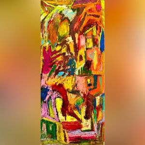 Abstract expressionist painting mixed media, particleboard 10 5/8 x 23 1/4